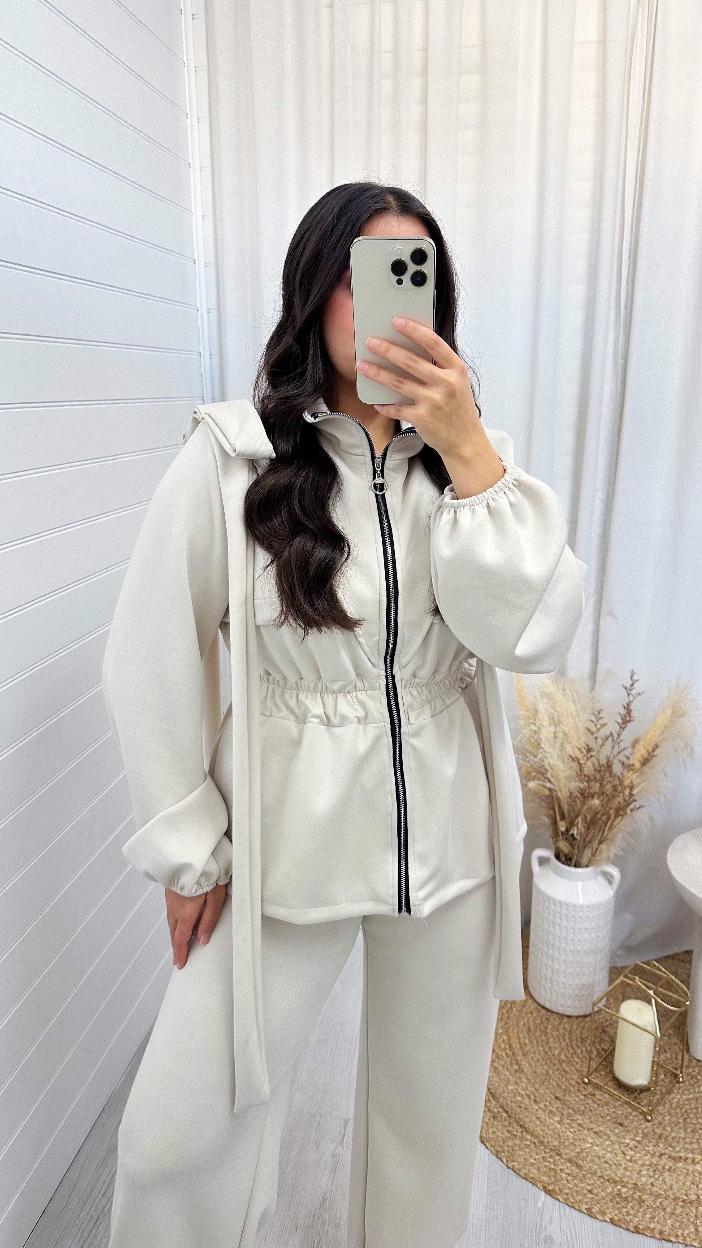 Bow Shoulder Cinched Jacket and Straight Leg Joggers Tracksuit - CREAM