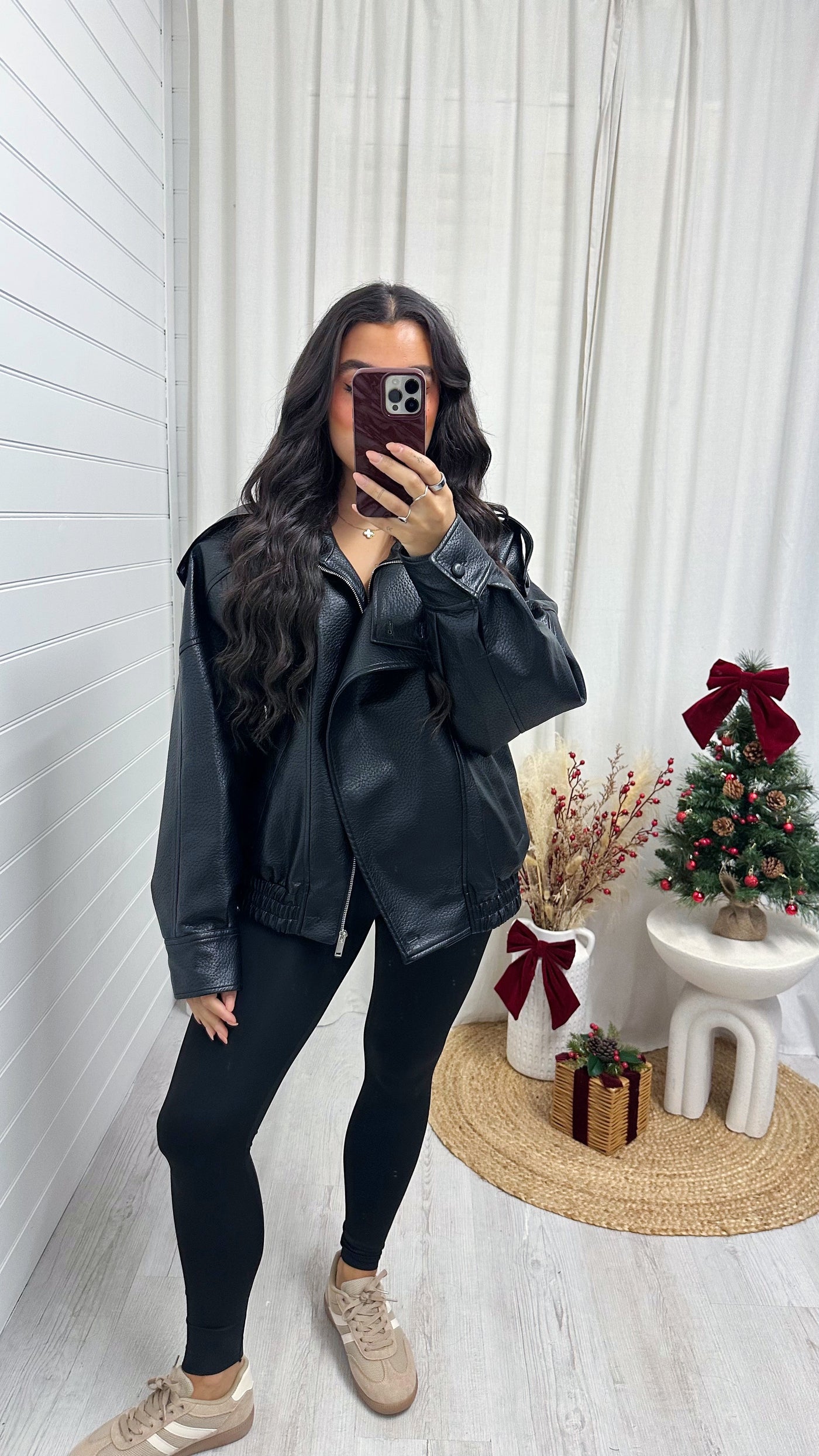 Relaxed Fit Lapel PU Leather Jacket - BLACK