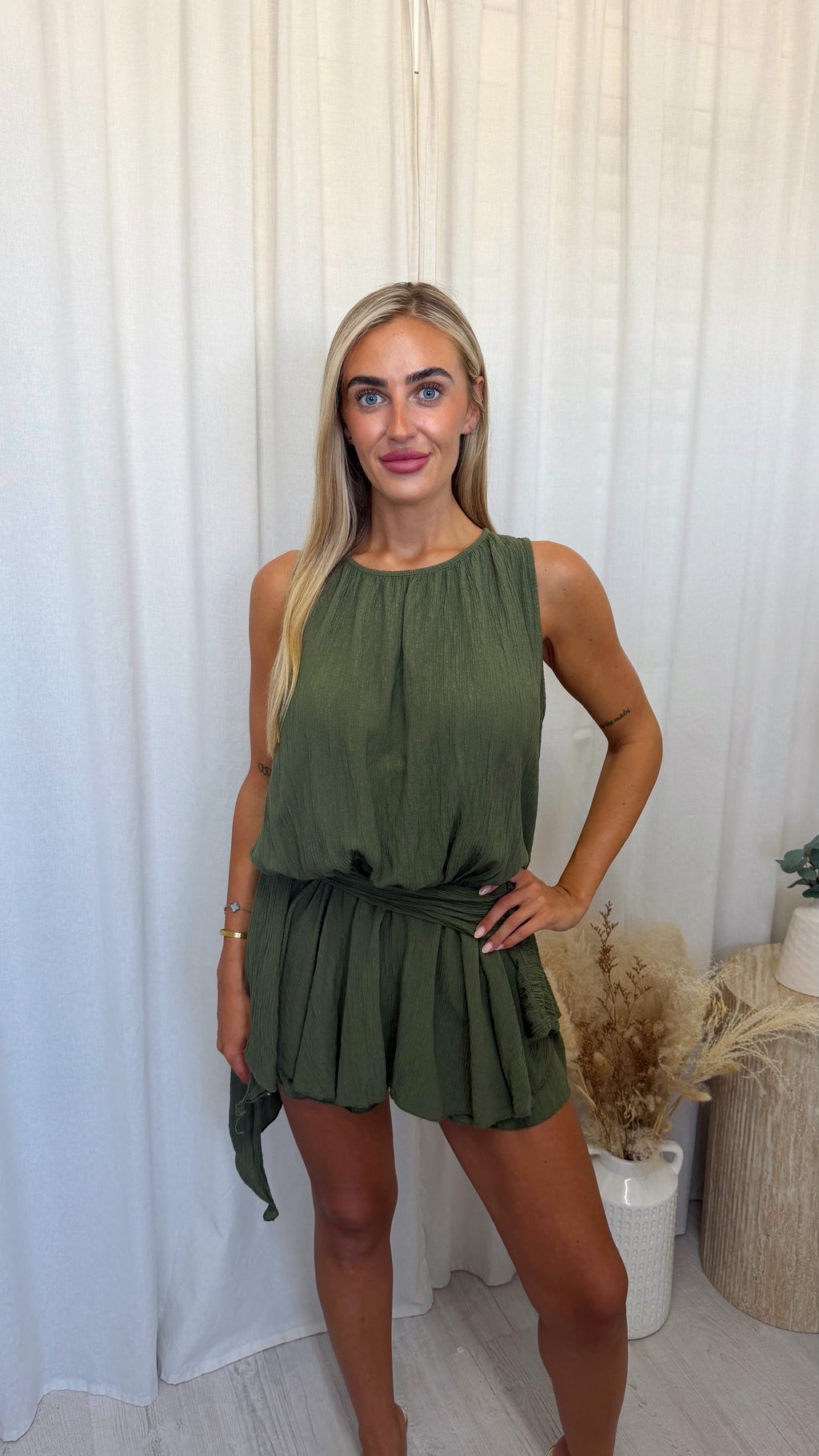 Side Drape Crinkle Playsuit - KHAKI