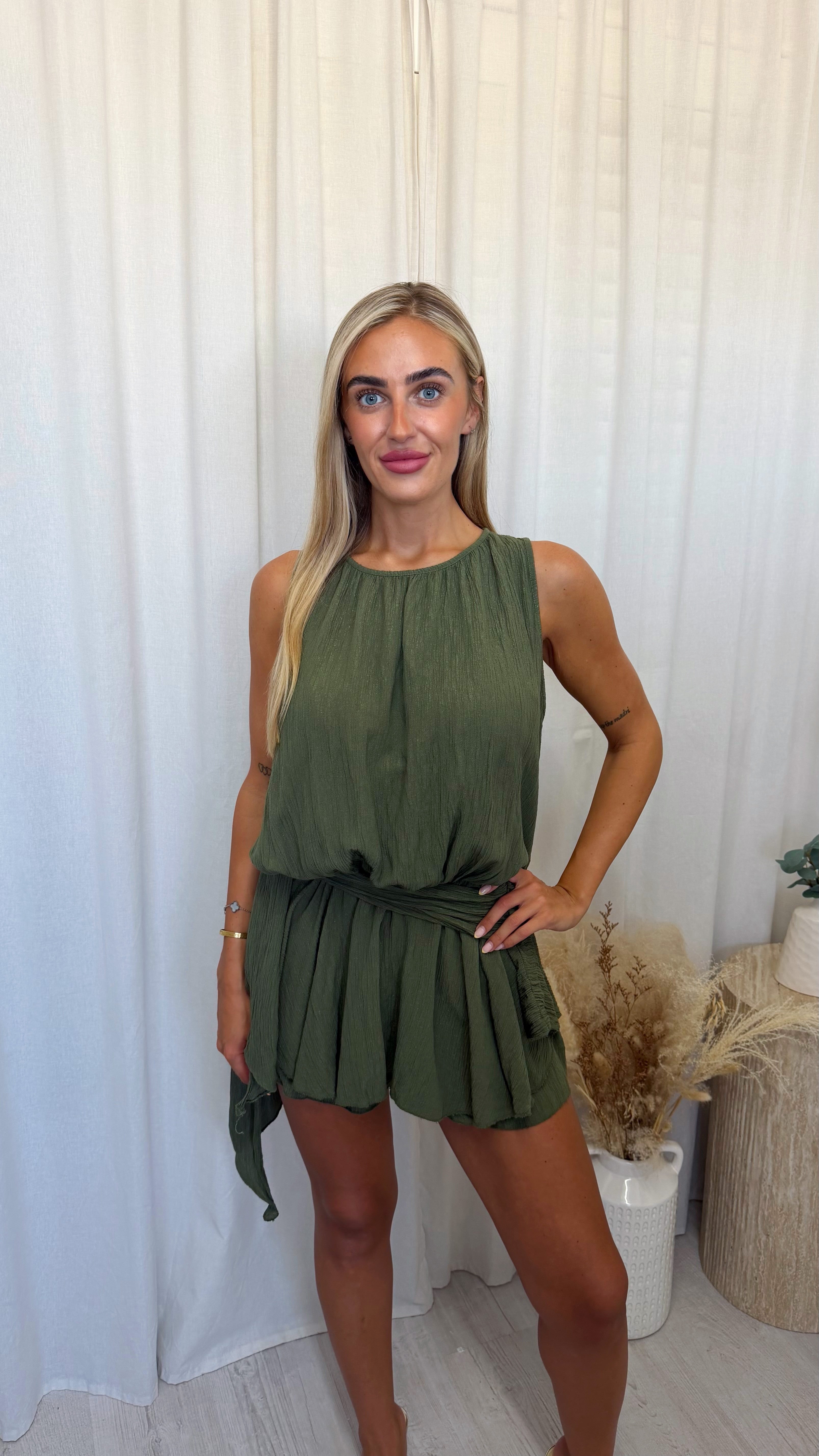 Side Drape Crinkle Playsuit - KHAKI