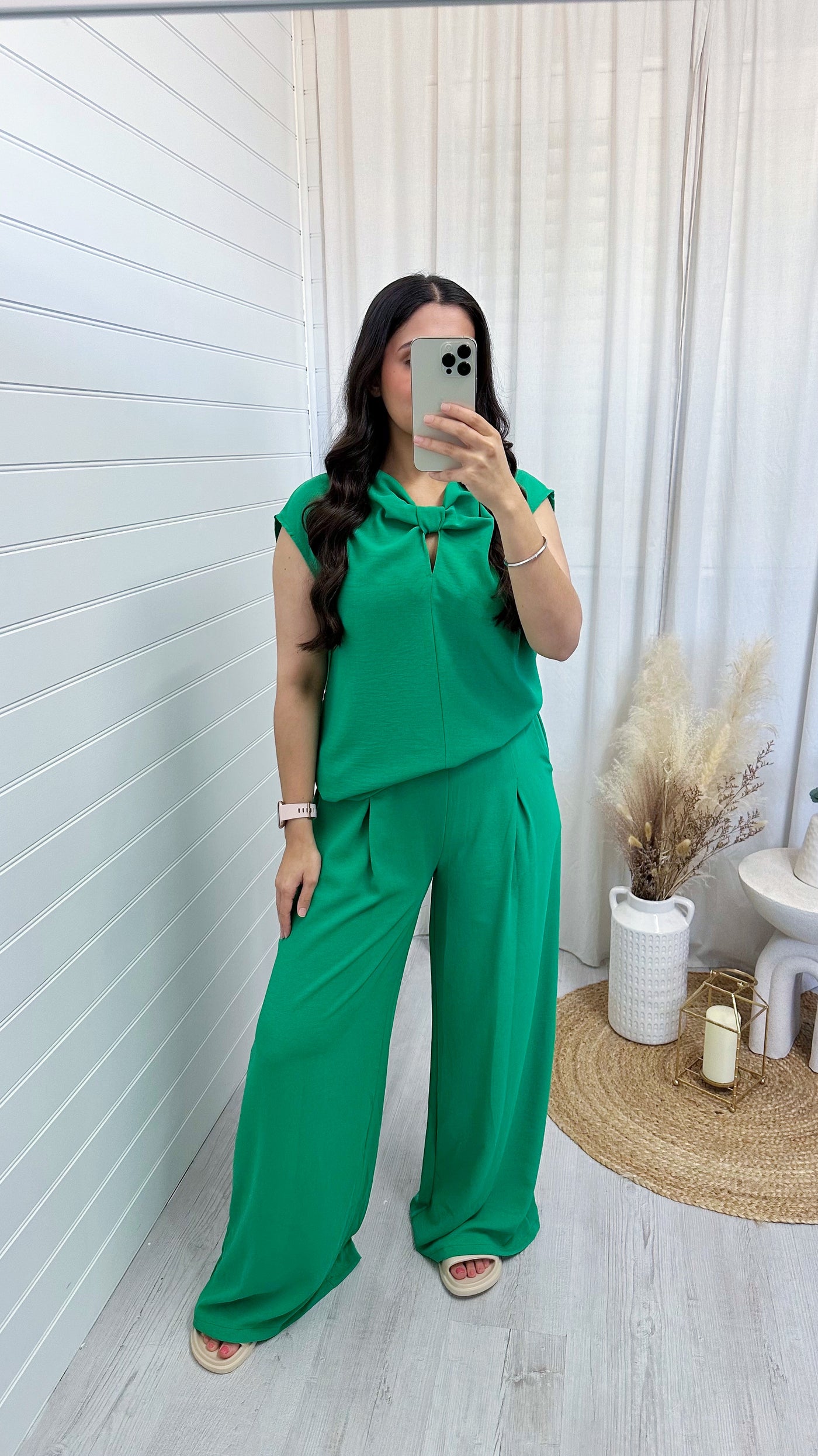 Sleeveless Bow Top and Wide Leg Trousers Co-Ord - BRIGHT GREEN