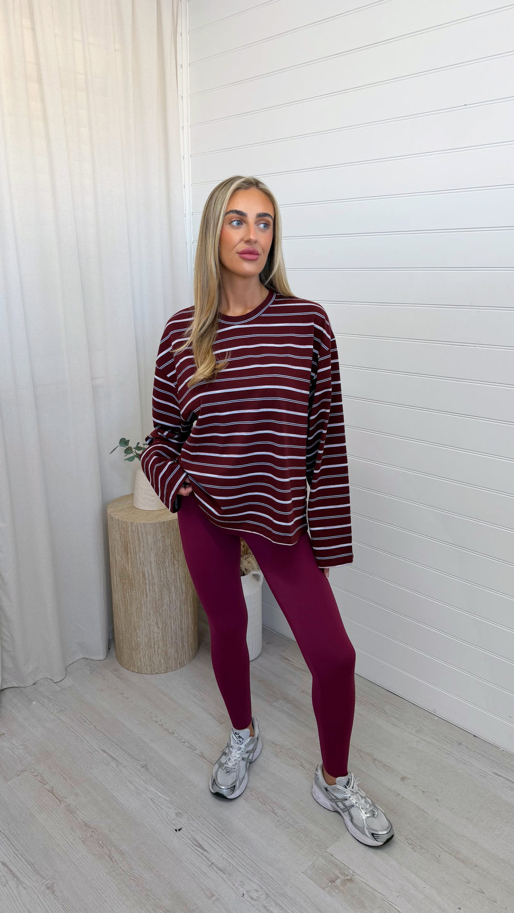 Relaxed Long Sleeve Stripe T-Shirt - BURGUNDY/PINK