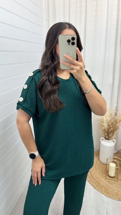 Cheesecloth Gold Button T-Shirt and Trousers Co-Ord - EMERALD GREEN