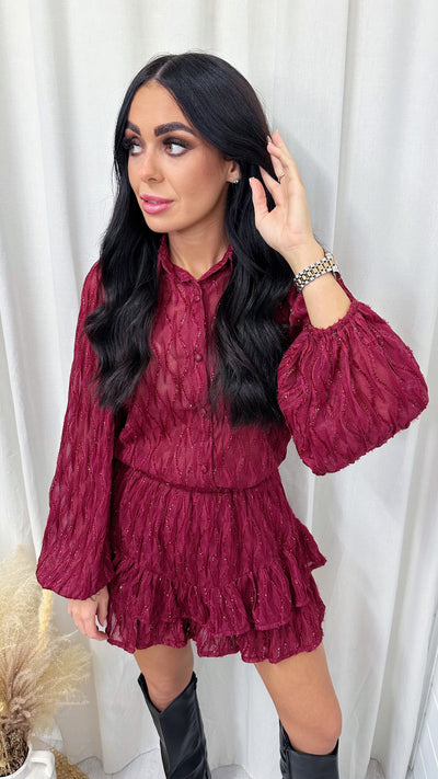 Mesh Glittery Blouse and Frill Hem Shorts Co-Ord - WINE