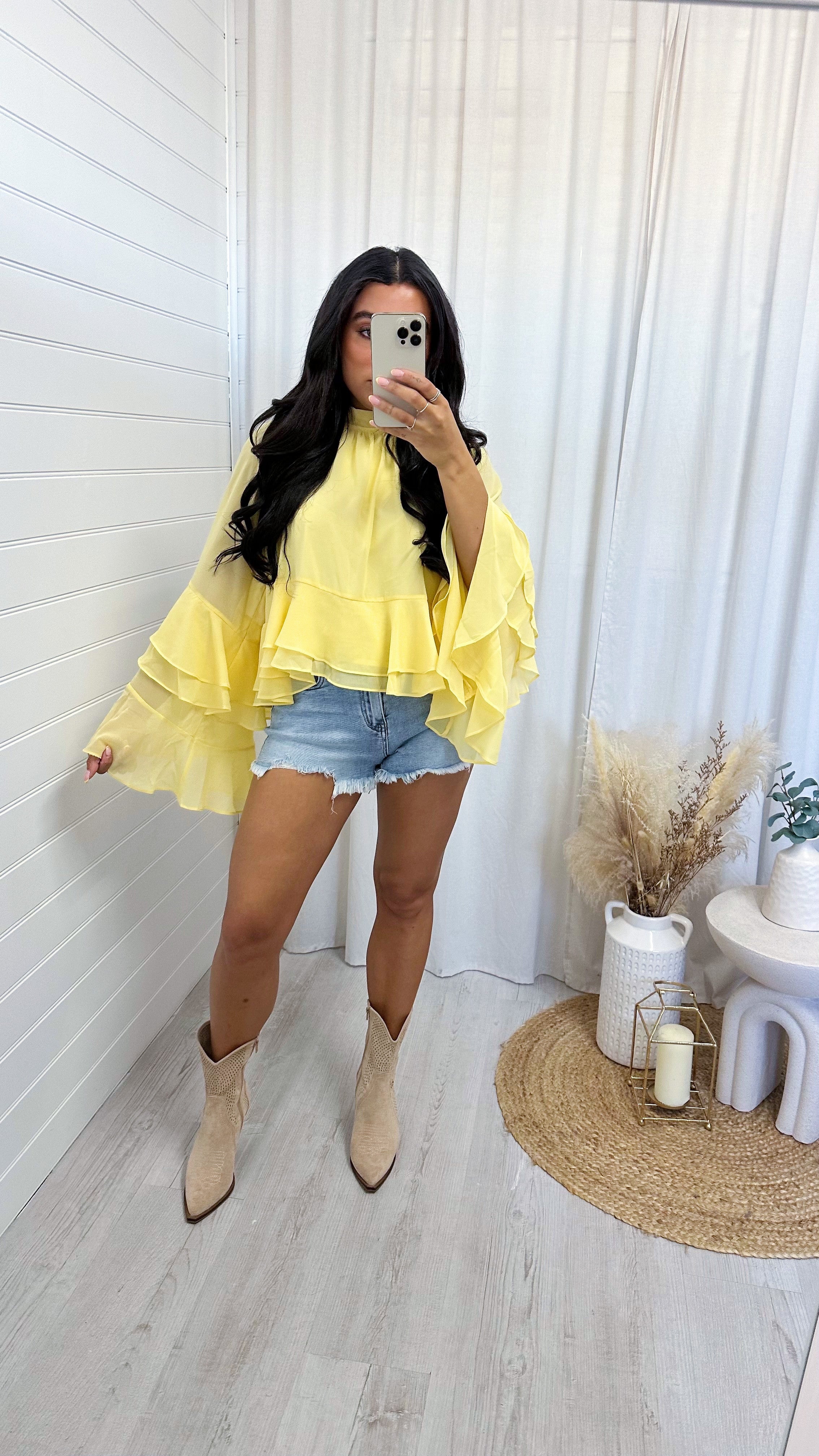 Sheer Bell Sleeve Frill Hem Blouse - LEMON