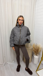 Quilted Gingham Bomber Jacket - BROWN