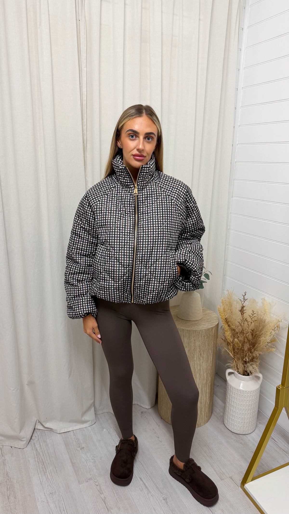 Quilted Gingham Bomber Jacket - BROWN