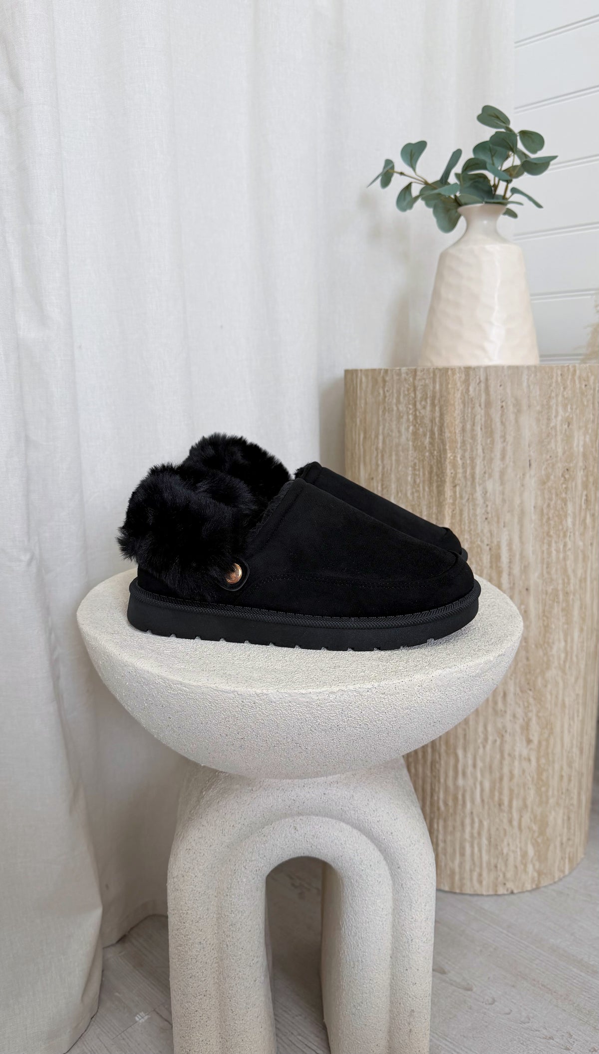 Faux Fur Strap Mule - BLACK