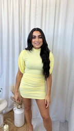 Ruched Shoulder Padded Mini Dress - LEMON