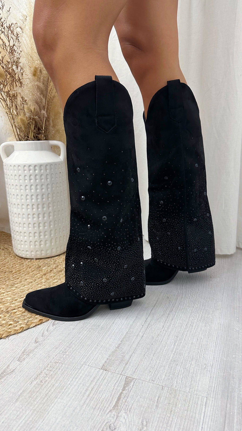 Black Stud Knee High Fold Over Cowboy Boots - BLACK
