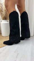 Black Stud Knee High Fold Over Cowboy Boots - BLACK