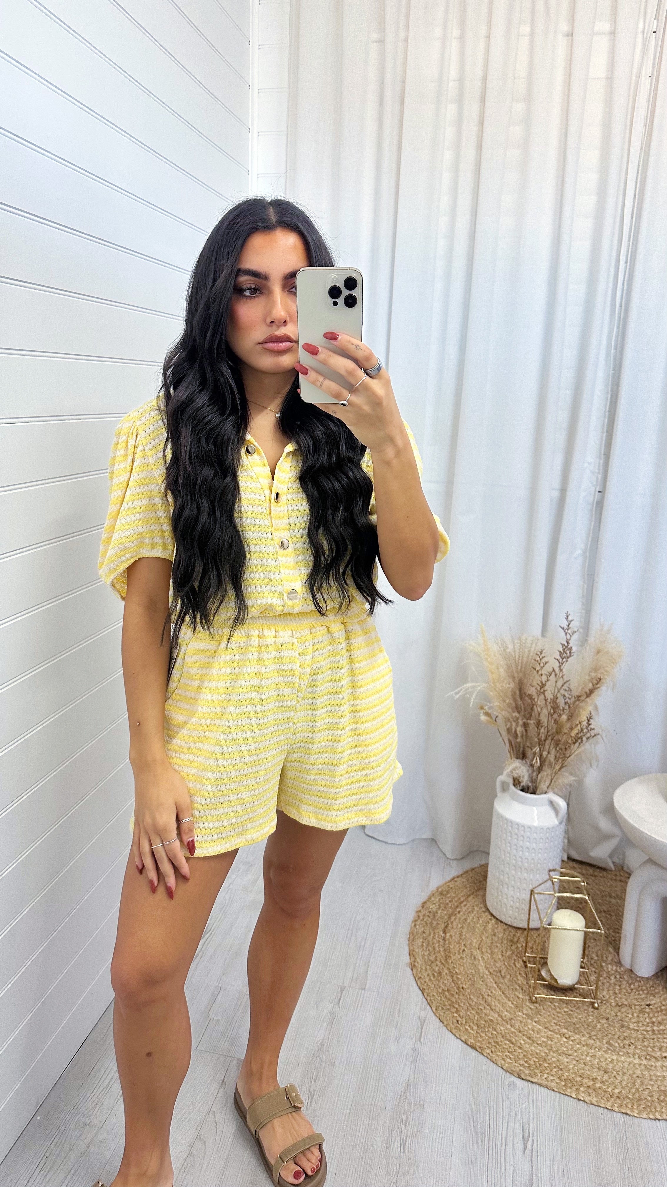 Stripey Knit Cropped Shirt and Shorts Co-Ord - LEMON