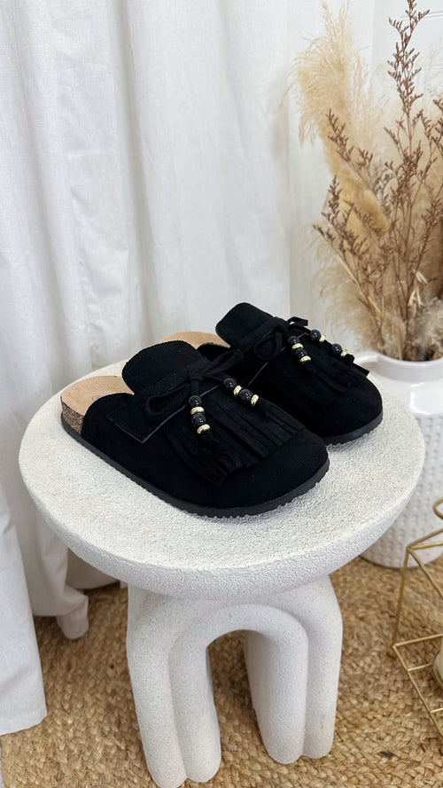 Beaded Tassel Suede Mules - BLACK