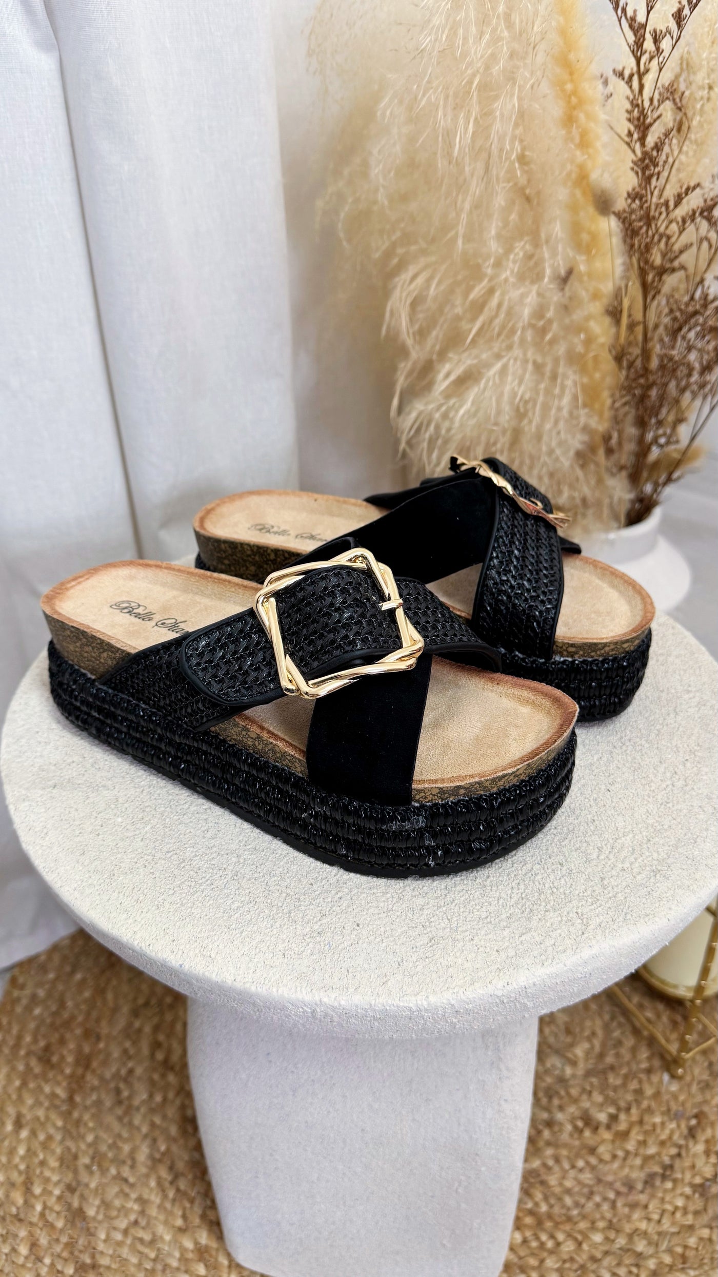 Chunky Platform Gold Buckle Woven Sandals - BLACK