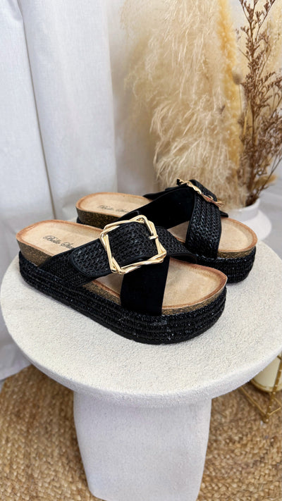 Chunky Platform Gold Buckle Woven Sandals - BLACK