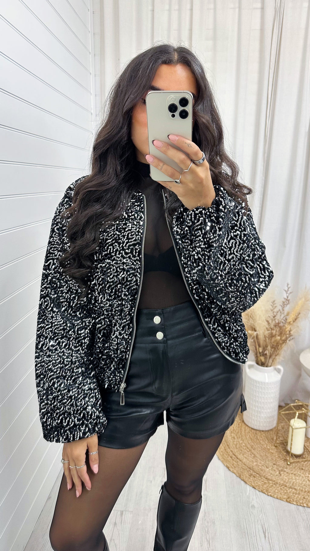 Balloon Sleeve Sequin Bomber Jacket - SILVER