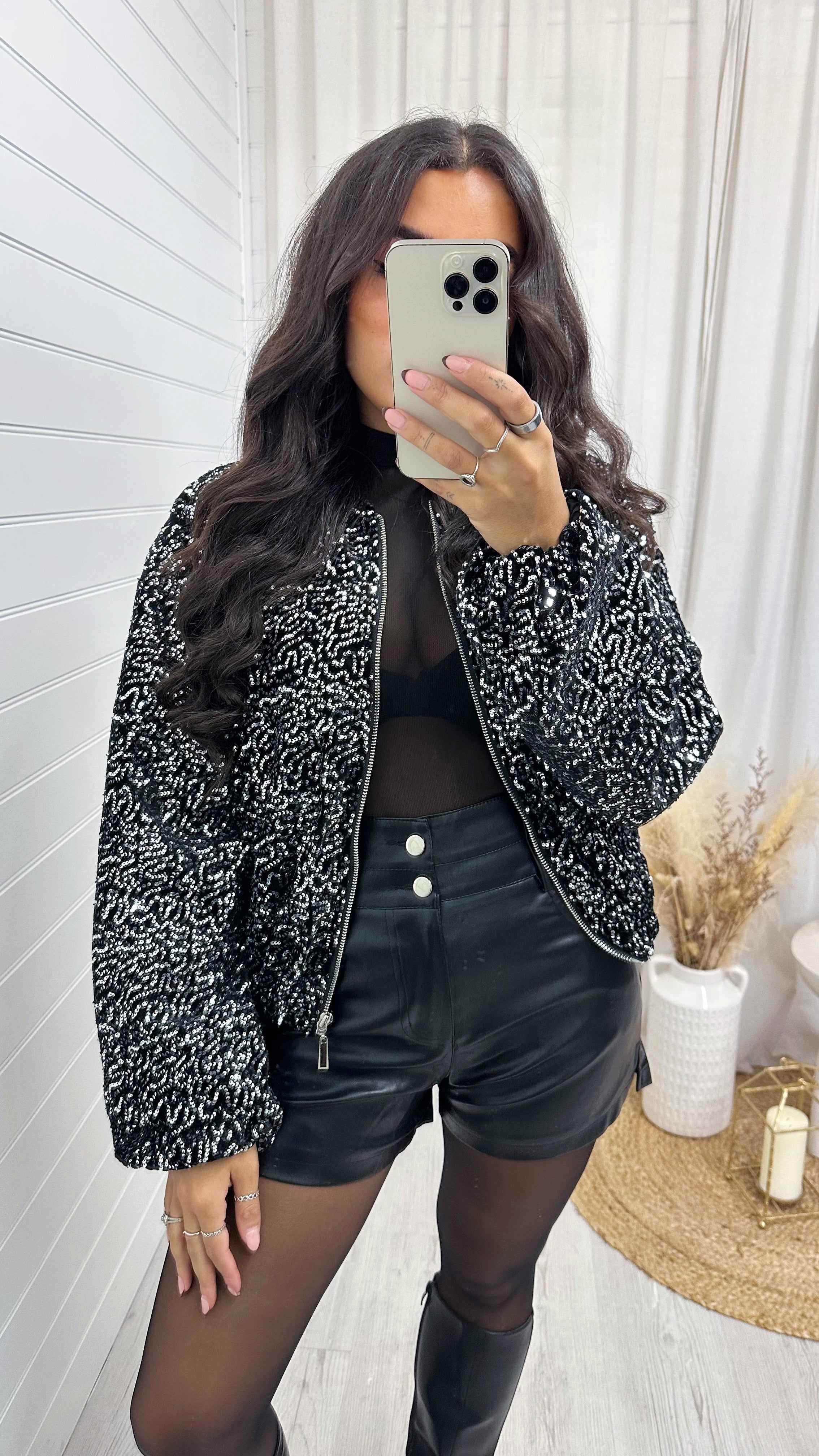 Balloon Sleeve Sequin Bomber Jacket - SILVER