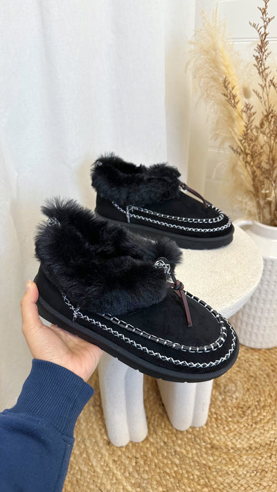Embroidered Faux Fur Boots - BLACK