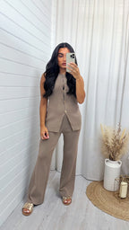 Fine Knit Gold Button Waistcoat and Trousers Co-Ord - MOCHA