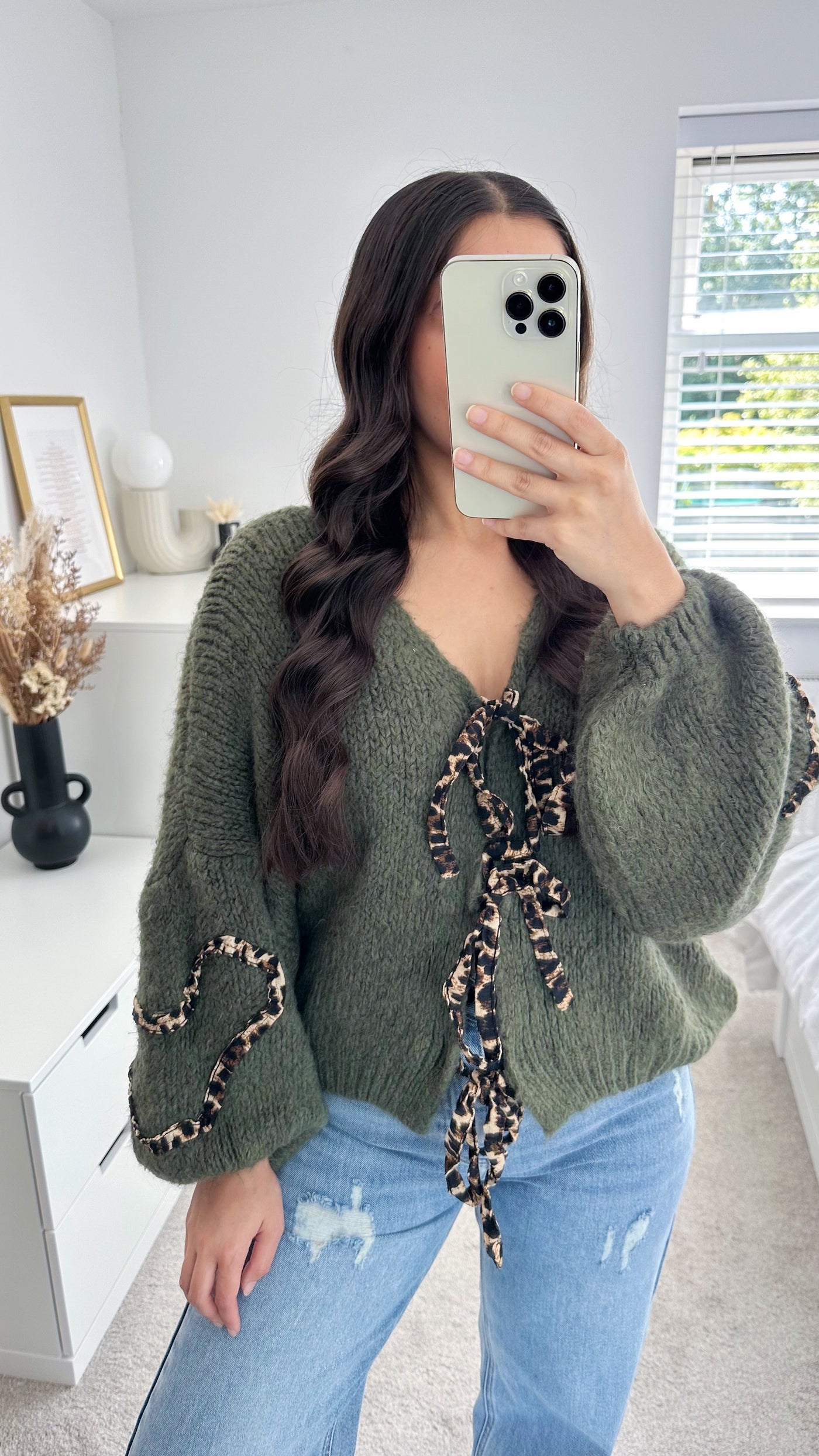 Leopard Bow Tie Cardigan - KHAKI