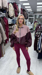 Gingham Puff Ball Jacket - BURGUNDY