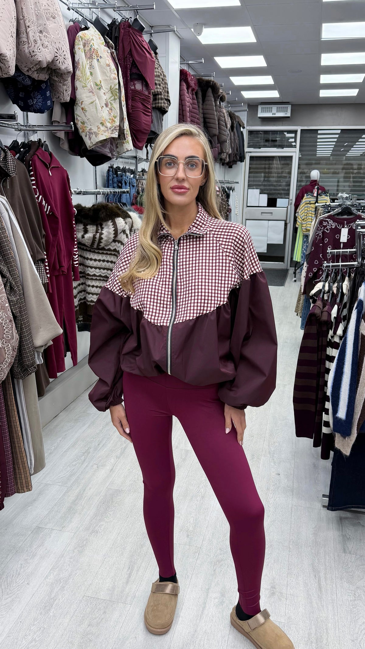 Gingham Puff Ball Jacket - BURGUNDY