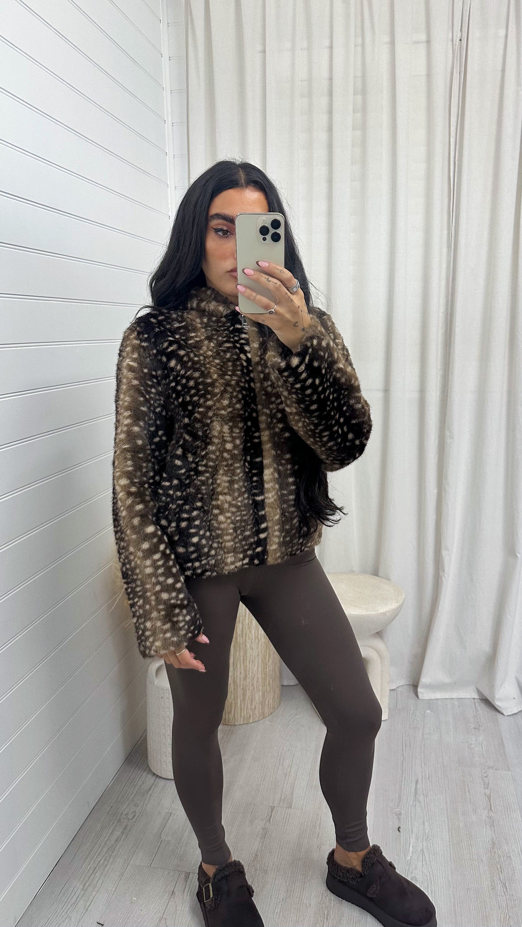 Deer Print Faux Fur Hooded Jacket