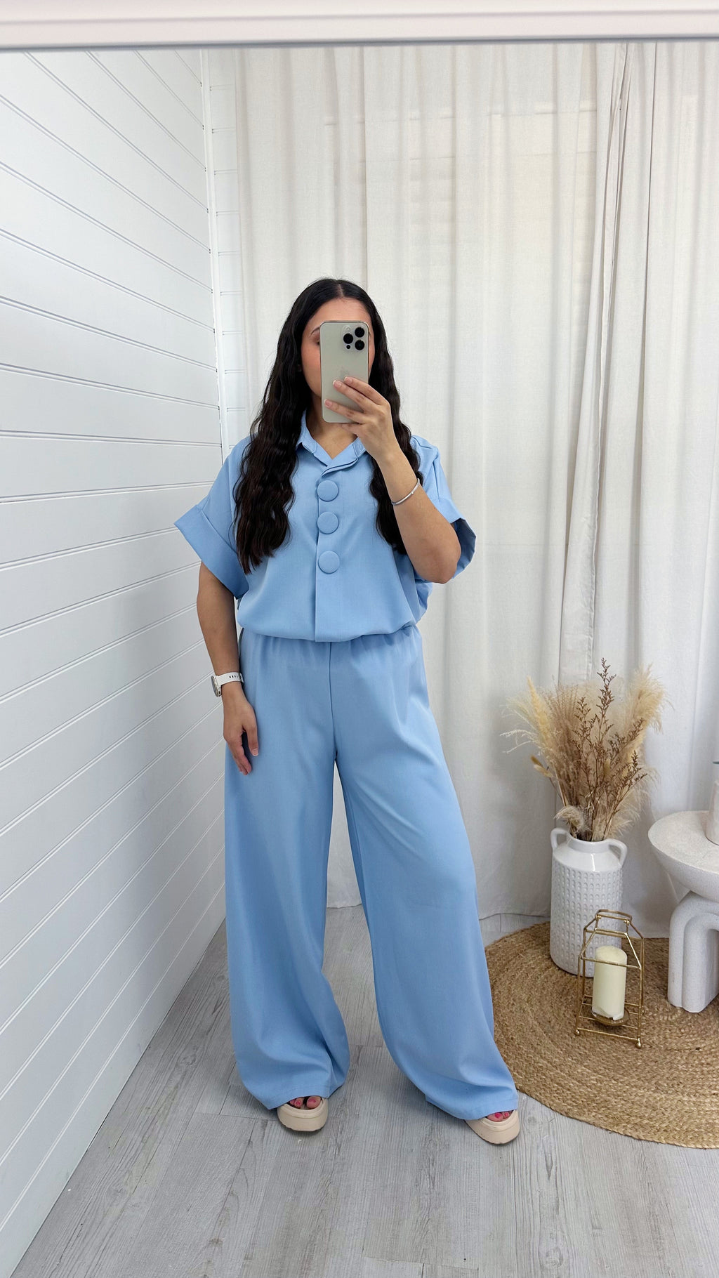 Chunky Button Shirt and Wide Leg Trousers Co-Ord - BLUE