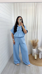 Chunky Button Shirt and Wide Leg Trousers Co-Ord - BLUE