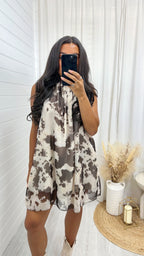 Cow Print Halter Neck Dress - BEIGE/BROWN