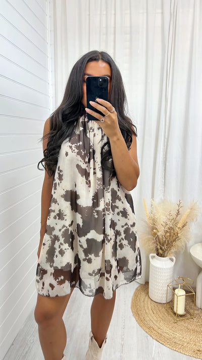 Cow Print Halter Neck Dress - BEIGE/BROWN