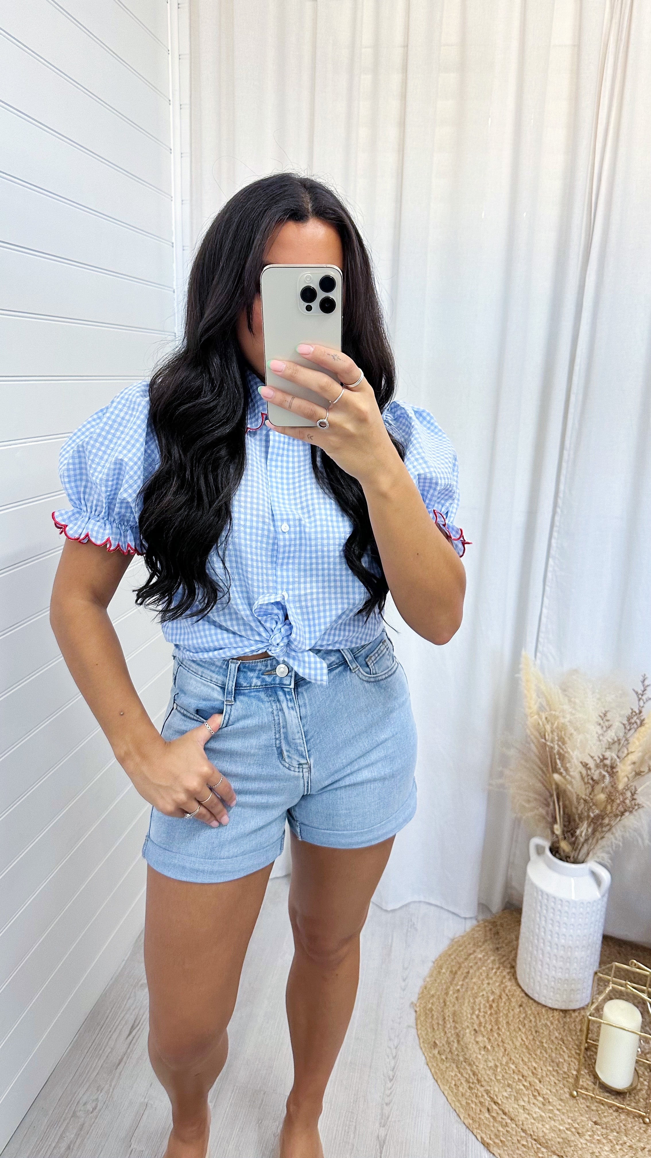 High Waisted Plain Denim Shorts - LIGHT BLUE