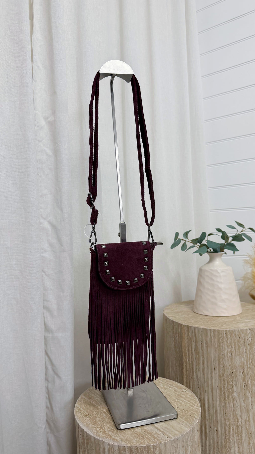 Suede Fringe Mini Cross Body Bag - BERRY