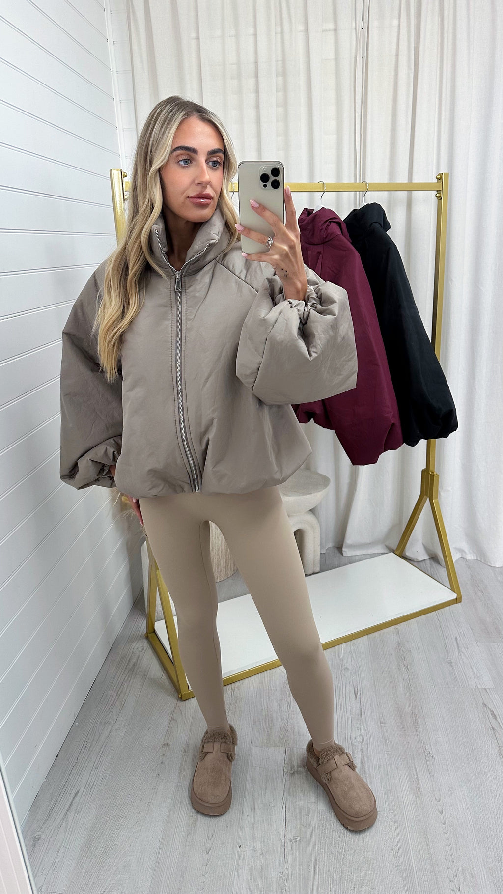 Balloon Sleeve Puffer Jacket - TAUPE