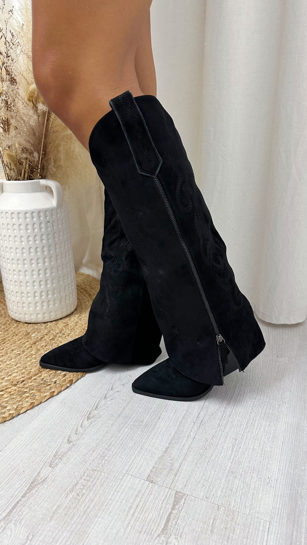 Knee High Embroidered Fold Over Cowboy Boots - BLACK