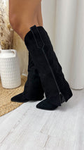 Knee High Embroidered Fold Over Cowboy Boots - BLACK