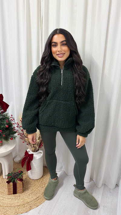 Teddy Fleece Quarter Zip Sweatshirt - PINE GREEN