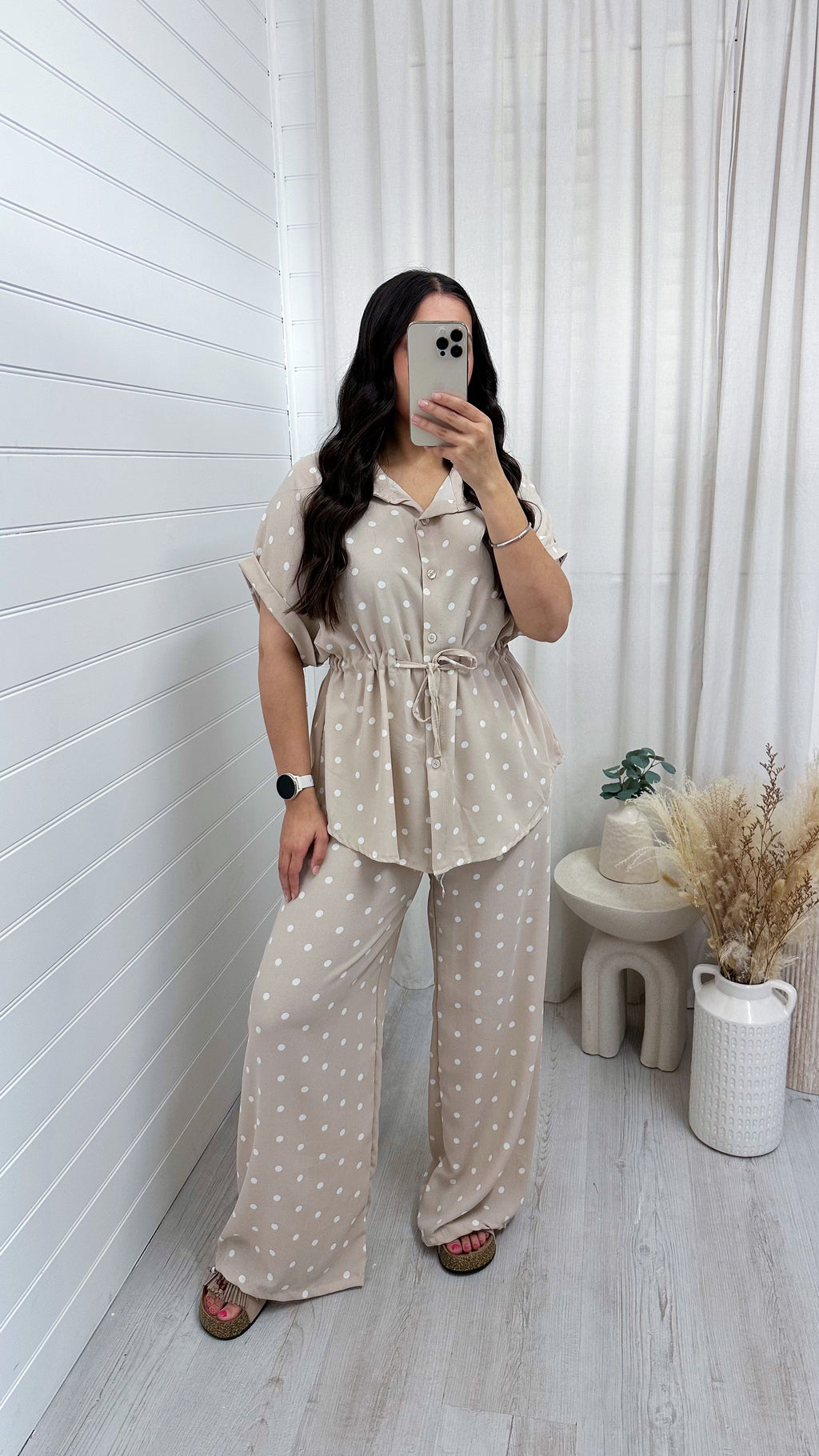 Polka Dot Cinched Shirt and Trousers Co-Ord - BEIGE