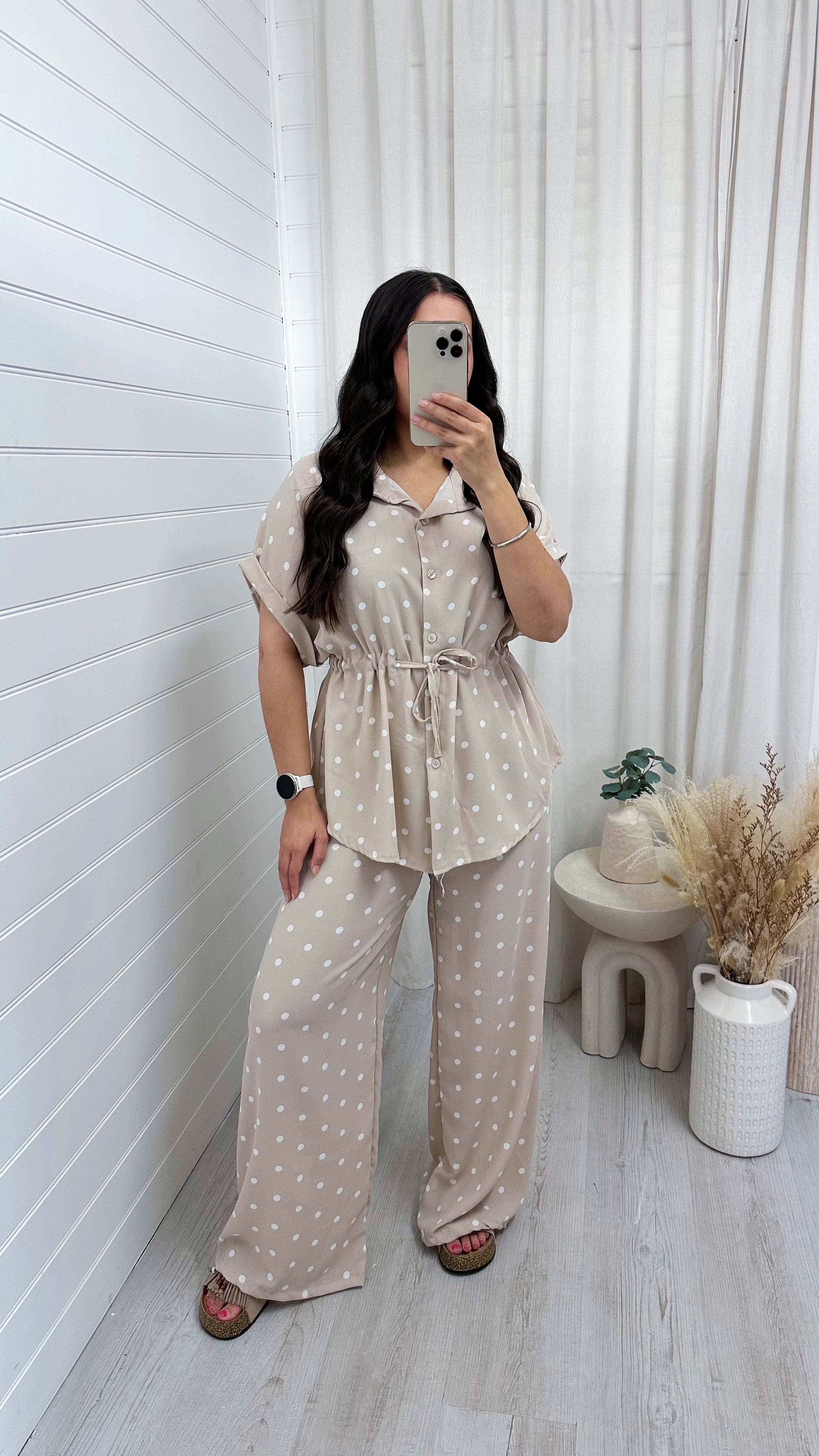 Polka Dot Cinched Shirt and Trousers Co-Ord - BEIGE