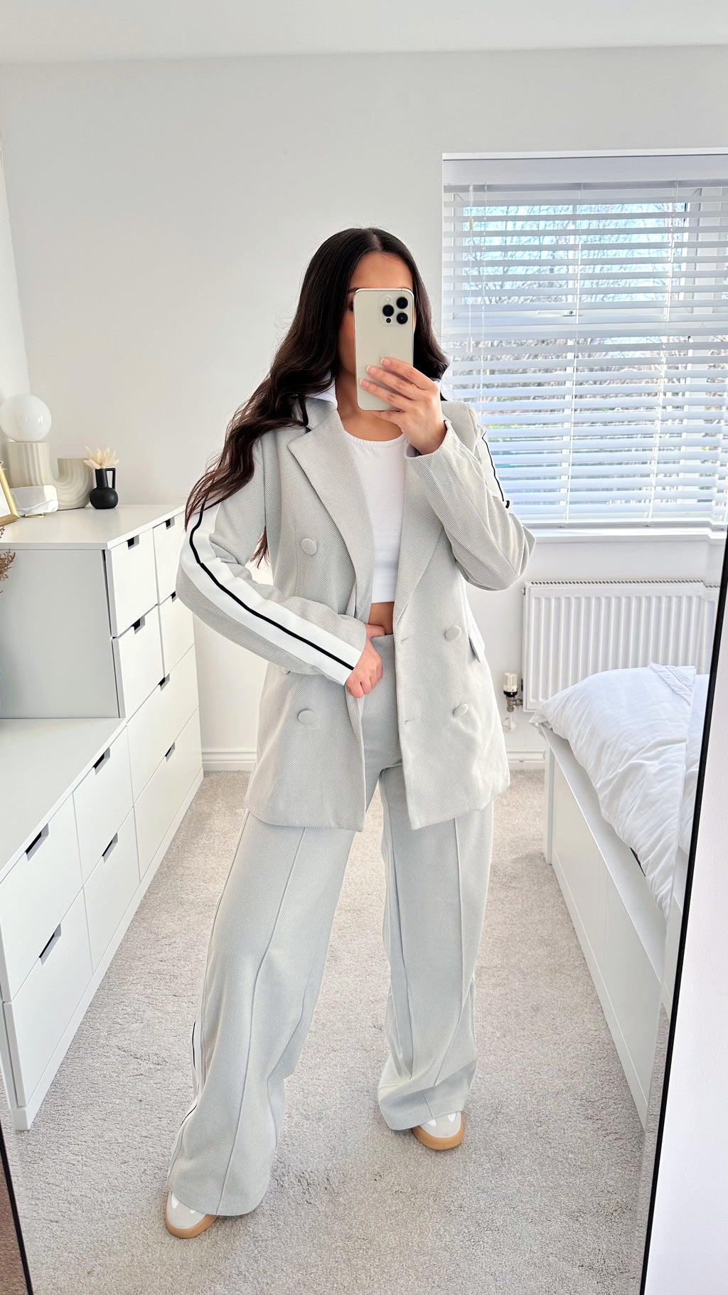 Side Stripe Tailored Tweed Blazer and Trousers Co-Ord - GREY