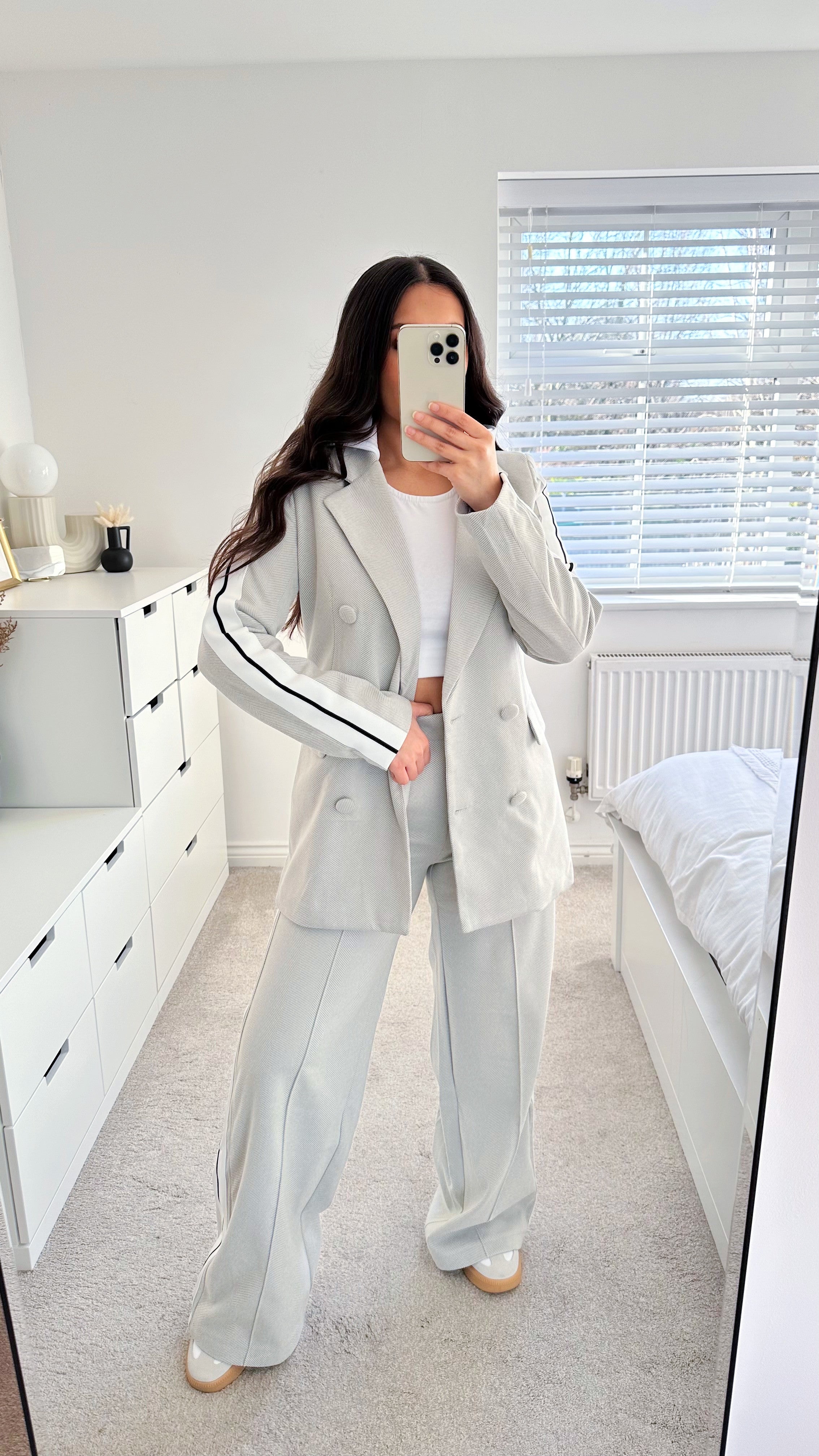 Side Stripe Tailored Tweed Blazer and Trousers Co-Ord - GREY
