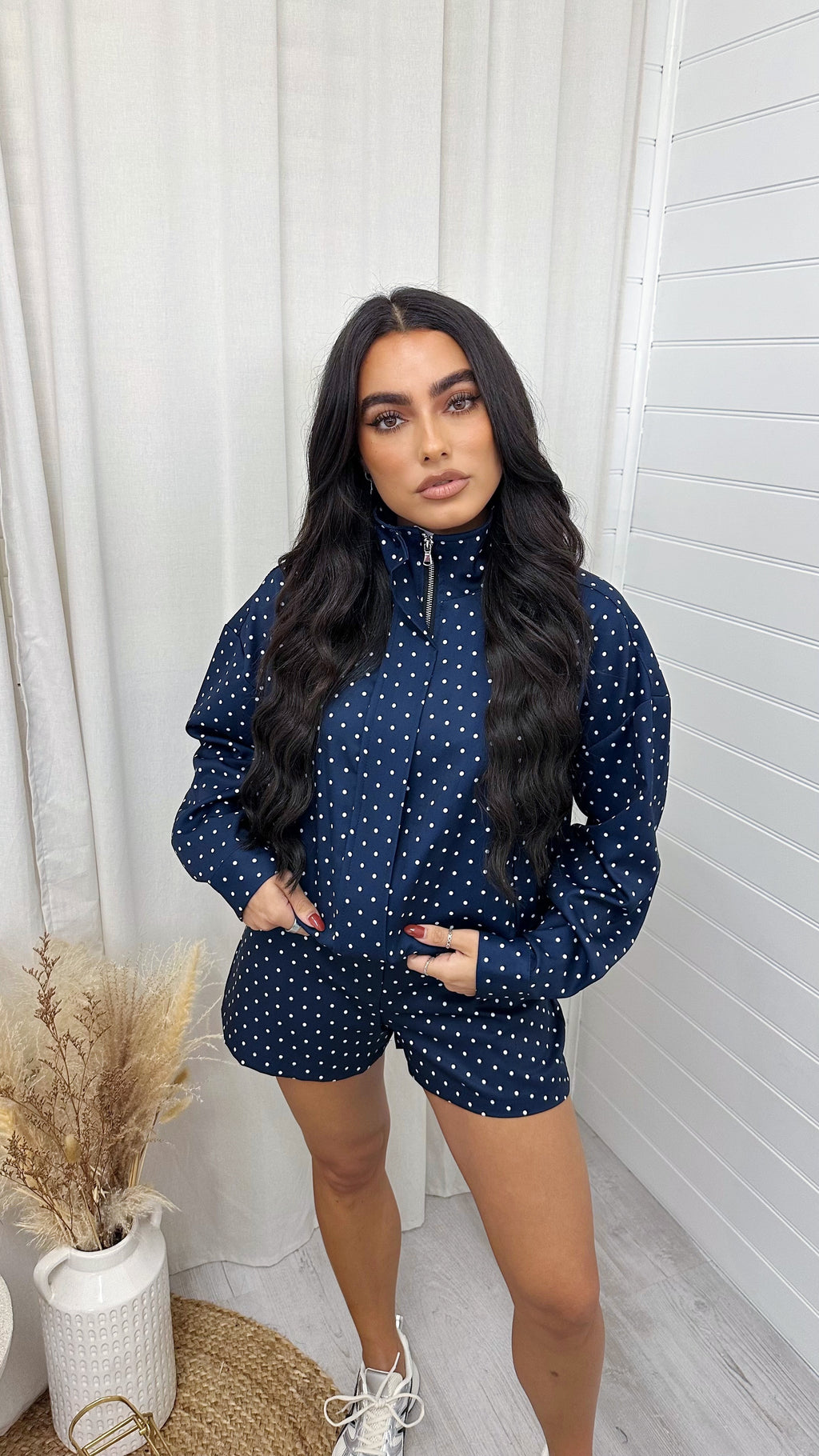 Polka Dot Bomber Jacket and Shorts Co-Ord - NAVY