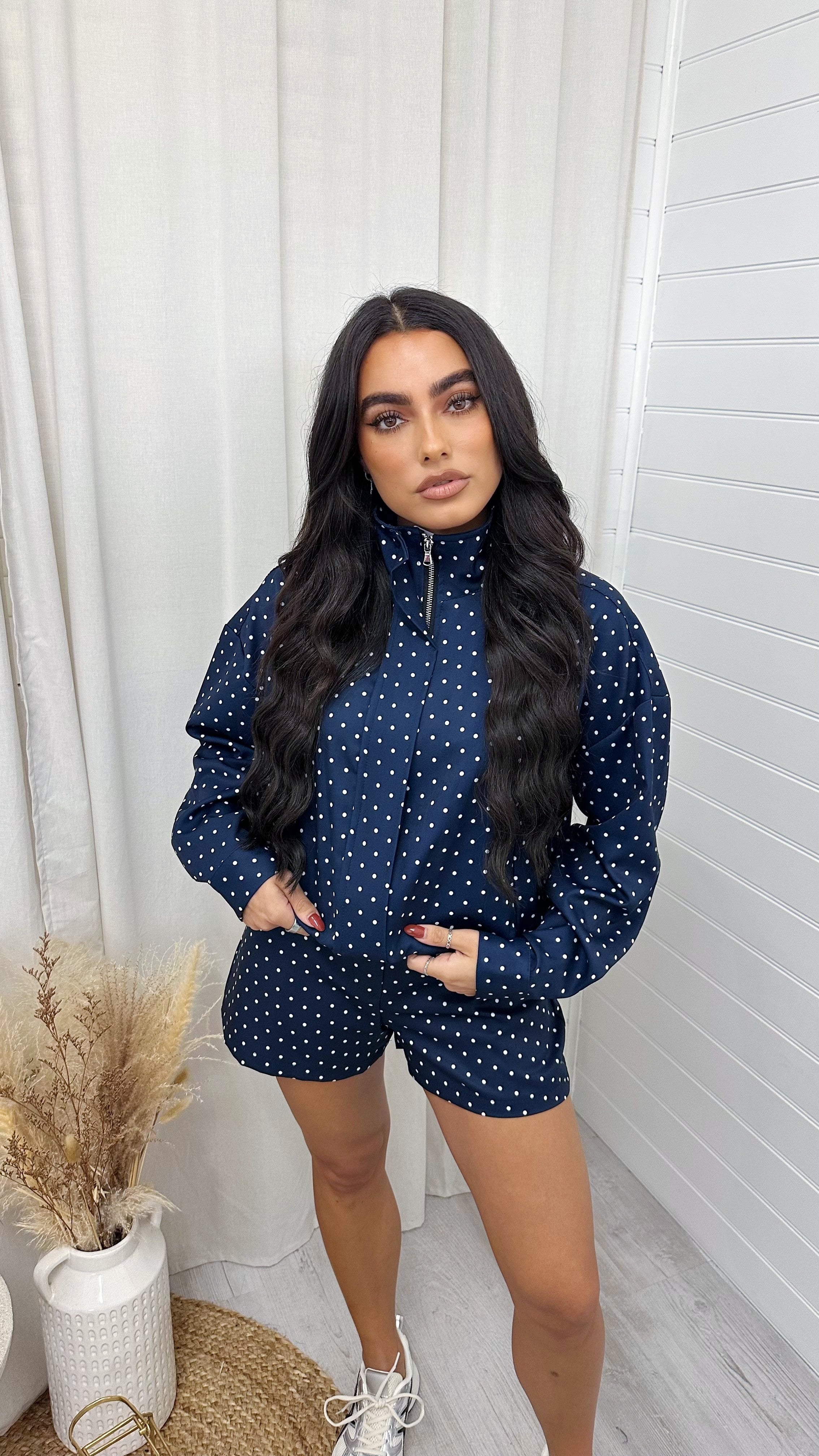 Polka Dot Bomber Jacket and Shorts Co-Ord - NAVY