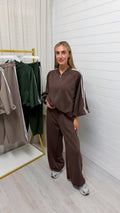 Classic Stripe Jacket and Wide Leg Joggers Tracksuit - BROWN