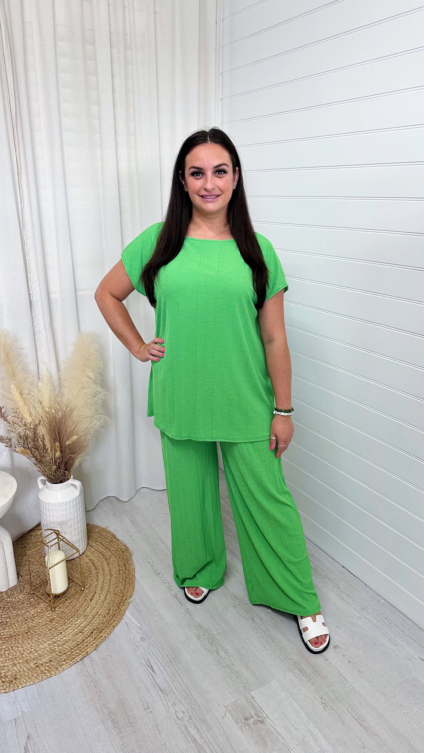 PLUS Cap Sleeve Ribbed Top and Trousers Co-Ord - LIME GREEN