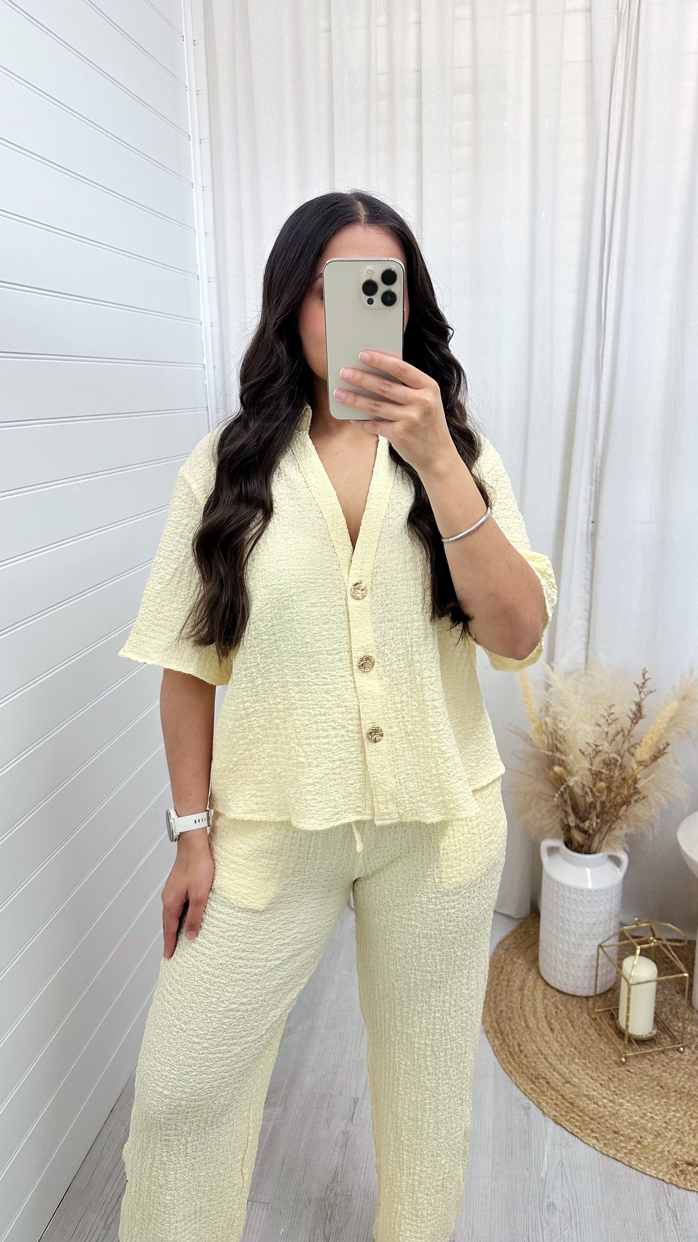 Cheesecloth Gold Button Shirt and Trousers Co-Ord - LEMON