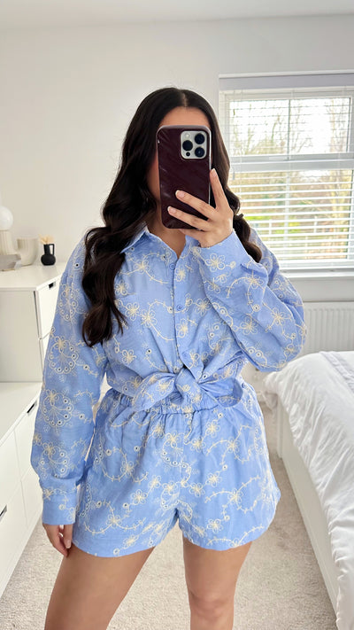 Embroidered Flower Pattern Shirt and Shorts Co-Ord - LIGHT BLUE