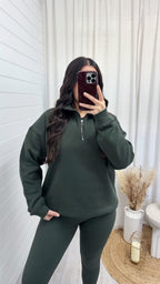 Plain Fleece Lined Half Zip Sweatshirt - KHAKI