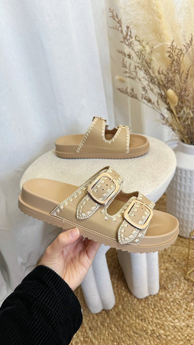 Contrast Stitch Gold Buckle Sliders - BEIGE