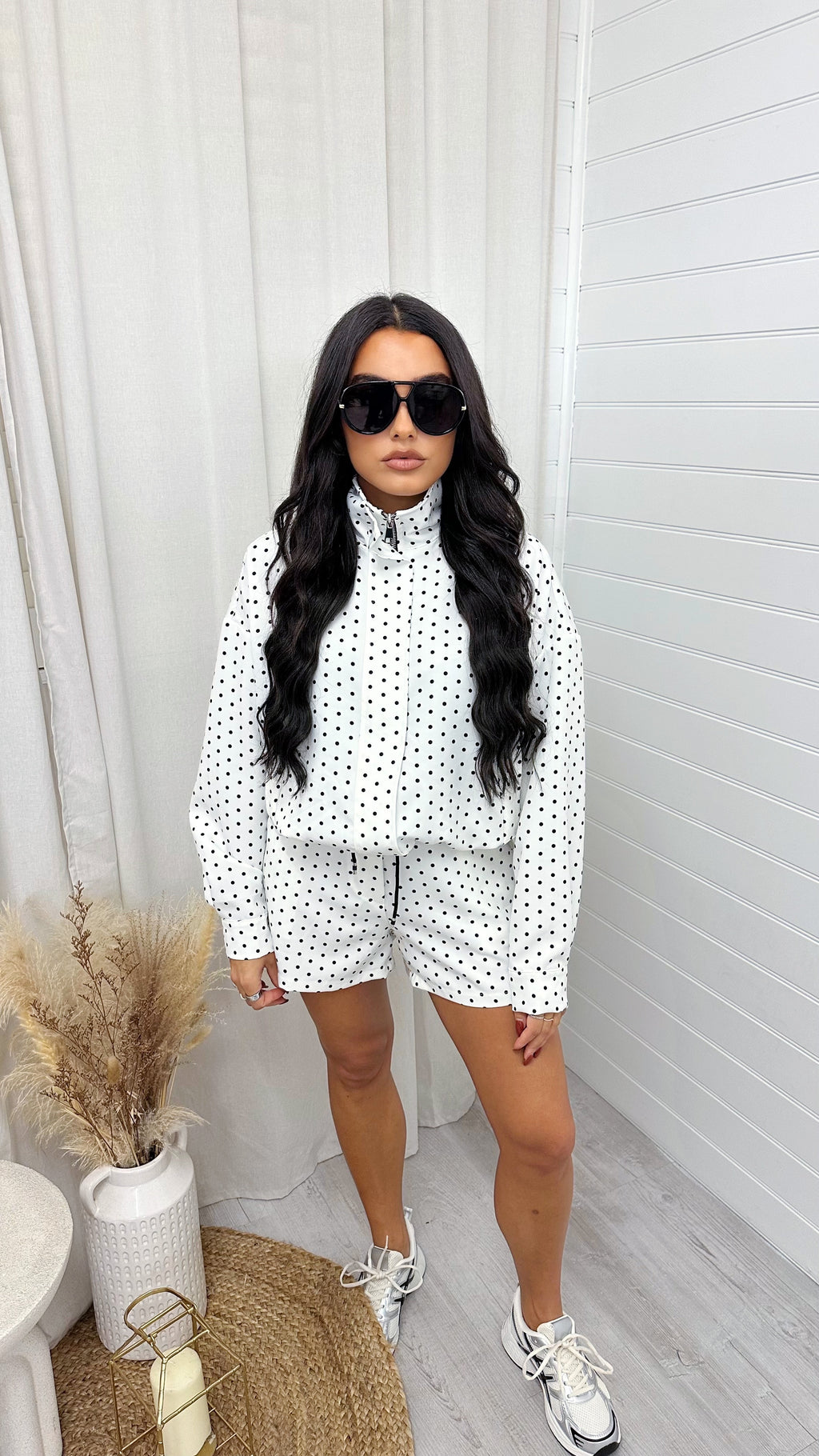 Polka Dot Bomber Jacket and Shorts Co-Ord - WHITE
